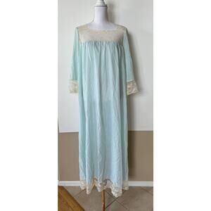 Vtg Pale Blue Satin Nightgown Maxi Sz M CORHAN NOUMAIR Floral Lace USA